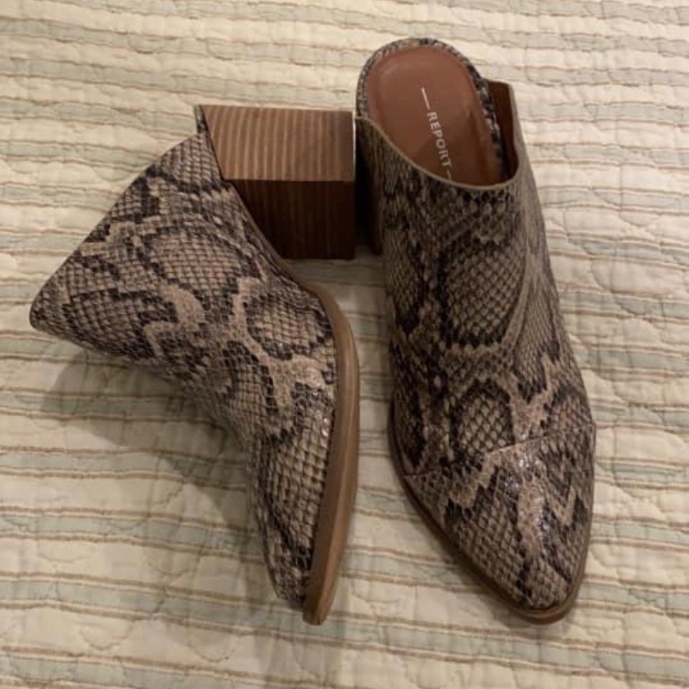 Report Tisha snake block heel mule
